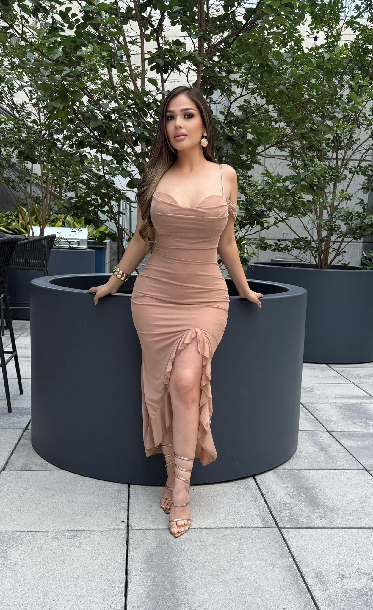 Off Shoulder Draped Ruffle Midi Dress-Estira, Size up runs small