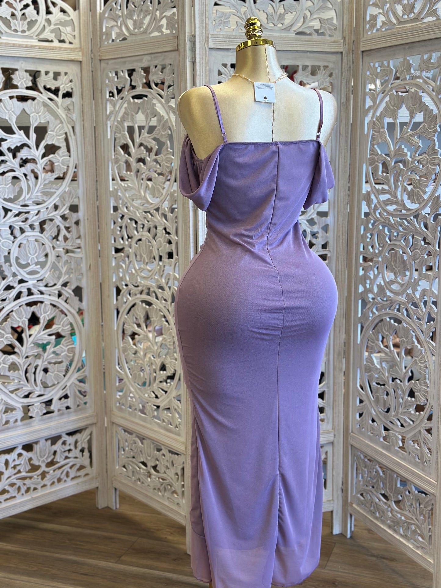 Off Shoulder Draped Ruffle Midi Dress-Estira, Size up runs small