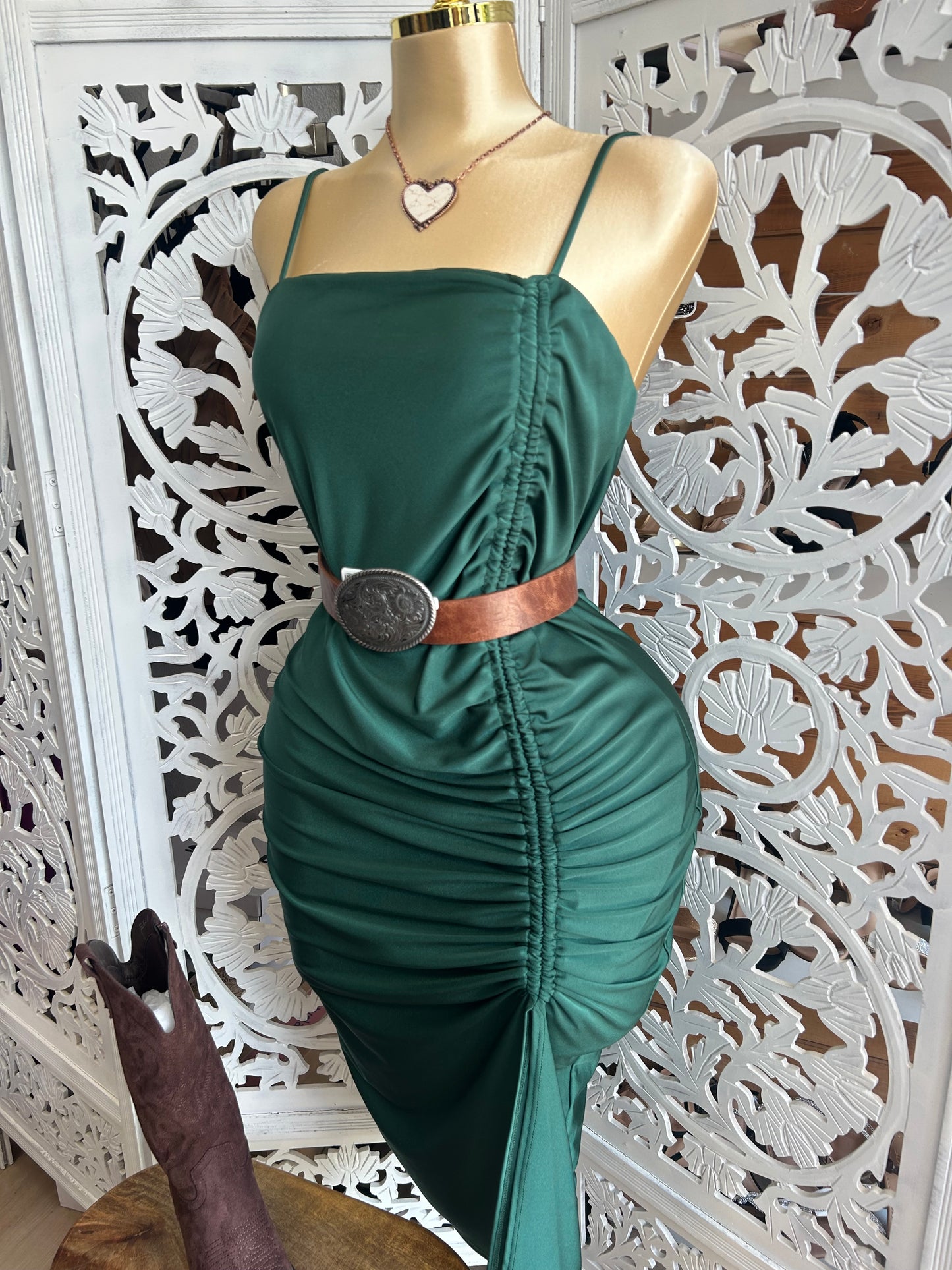 Scrunched long dress with slit