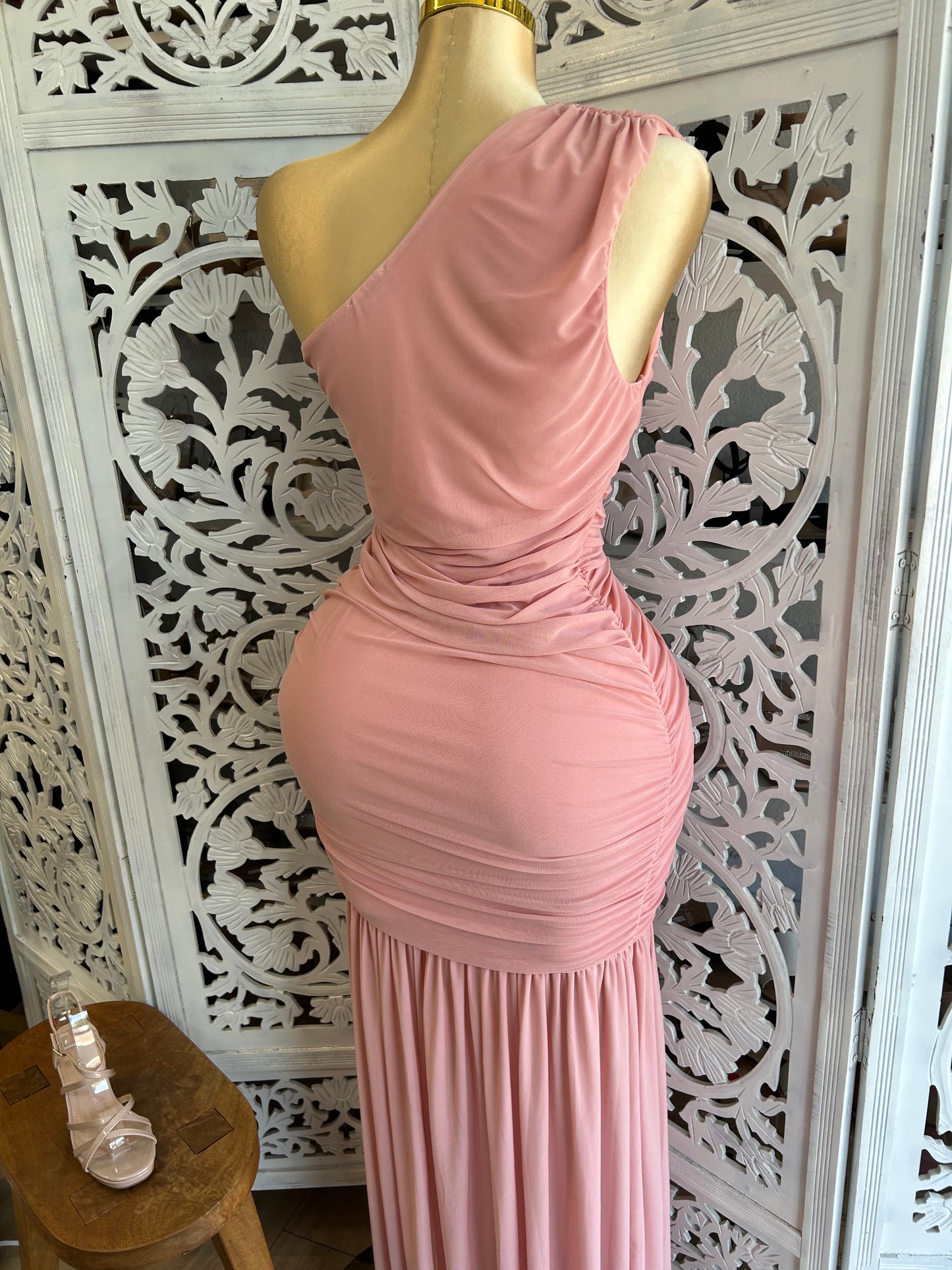 One sleeve mesh long formal dress