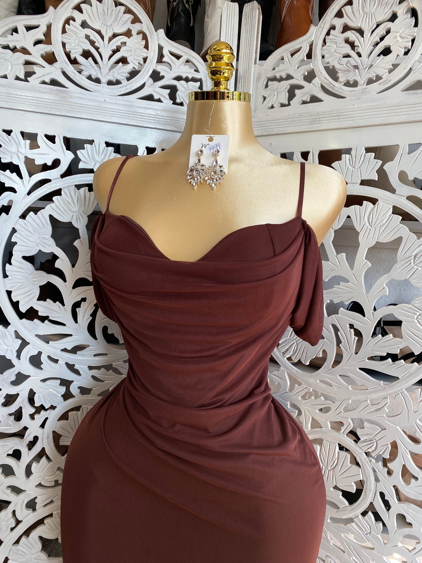 Off Shoulder Draped Ruffle Midi Dress-Estira, Size up runs small