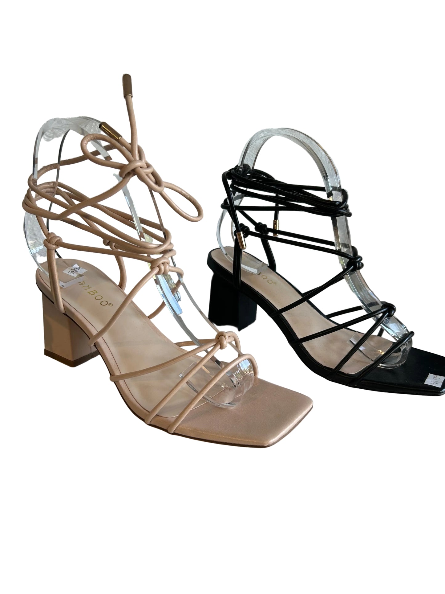 Nude low toe wrap heels