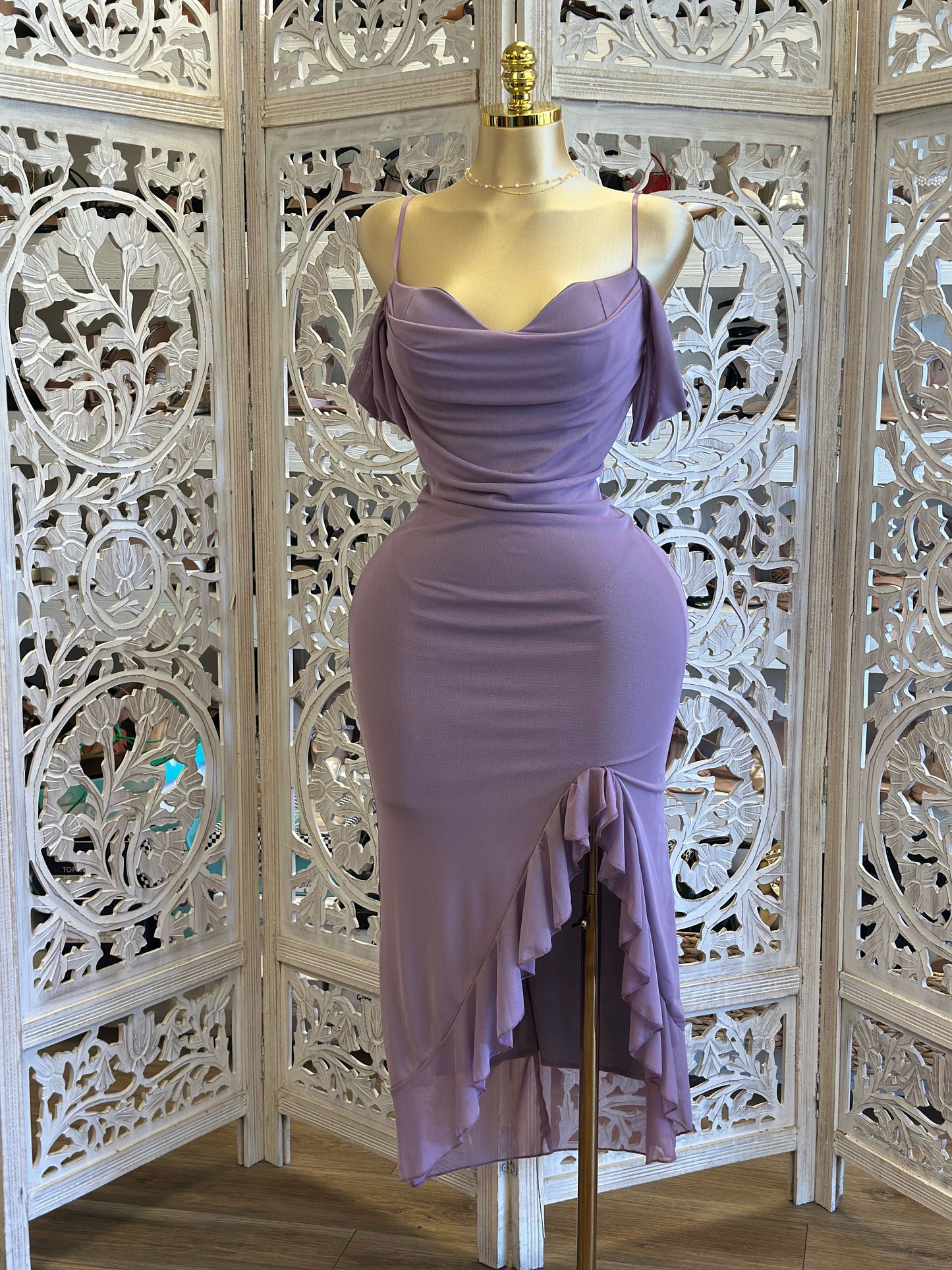 Off Shoulder Draped Ruffle Midi Dress-Estira, Size up runs small