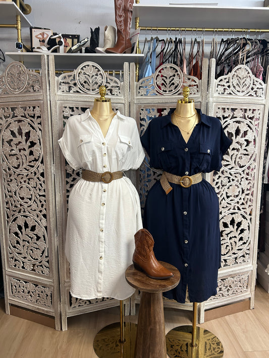 Button up dress with tie belt included