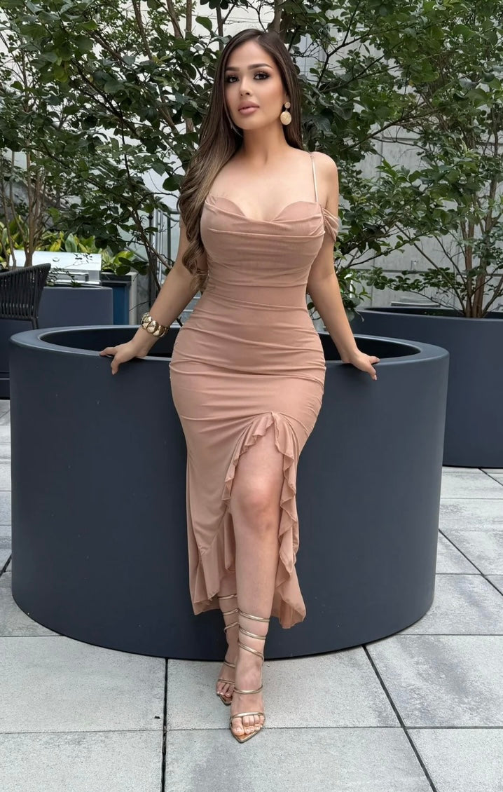 Off Shoulder Draped Ruffle Midi Dress-Estira, Size up runs small