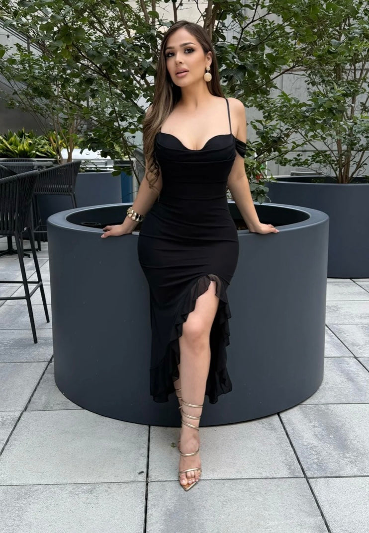 Off Shoulder Draped Ruffle Midi Dress-Estira, Size up runs small