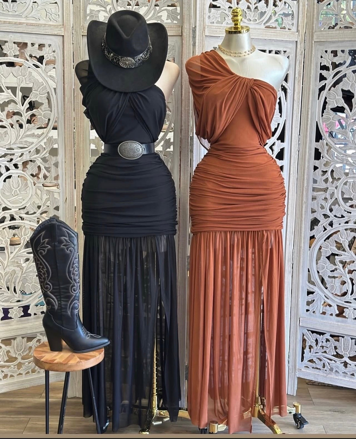 Mesh one sleeve shoulder dress
