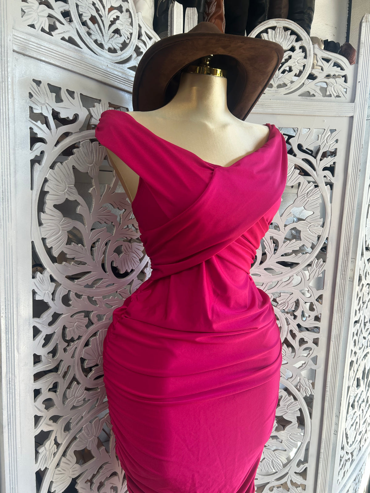 Fuschia pink Off the shoulder cross over shiny dress (Copy)
