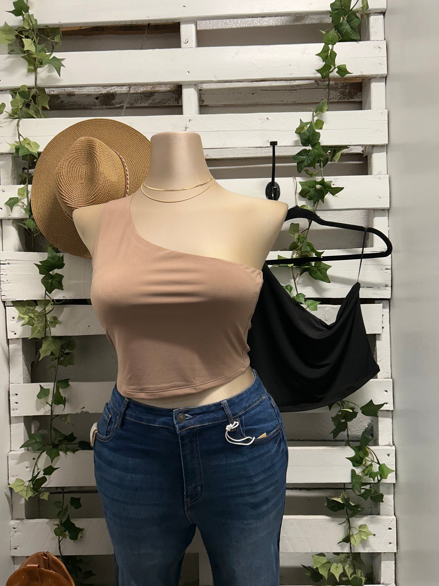 One sleeve mocha crop top