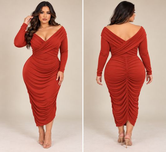 Brick Long sleeve cross over dress