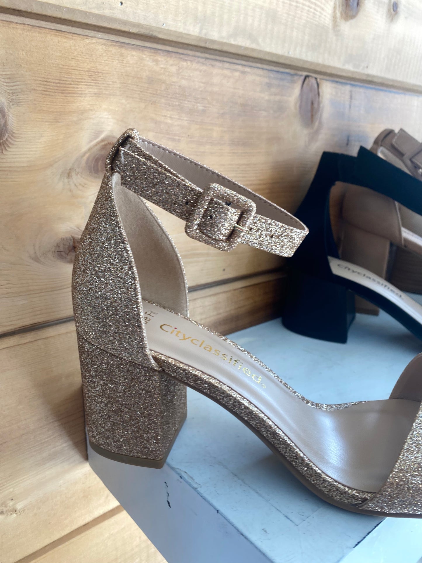 Wide fit gold sparkly heels