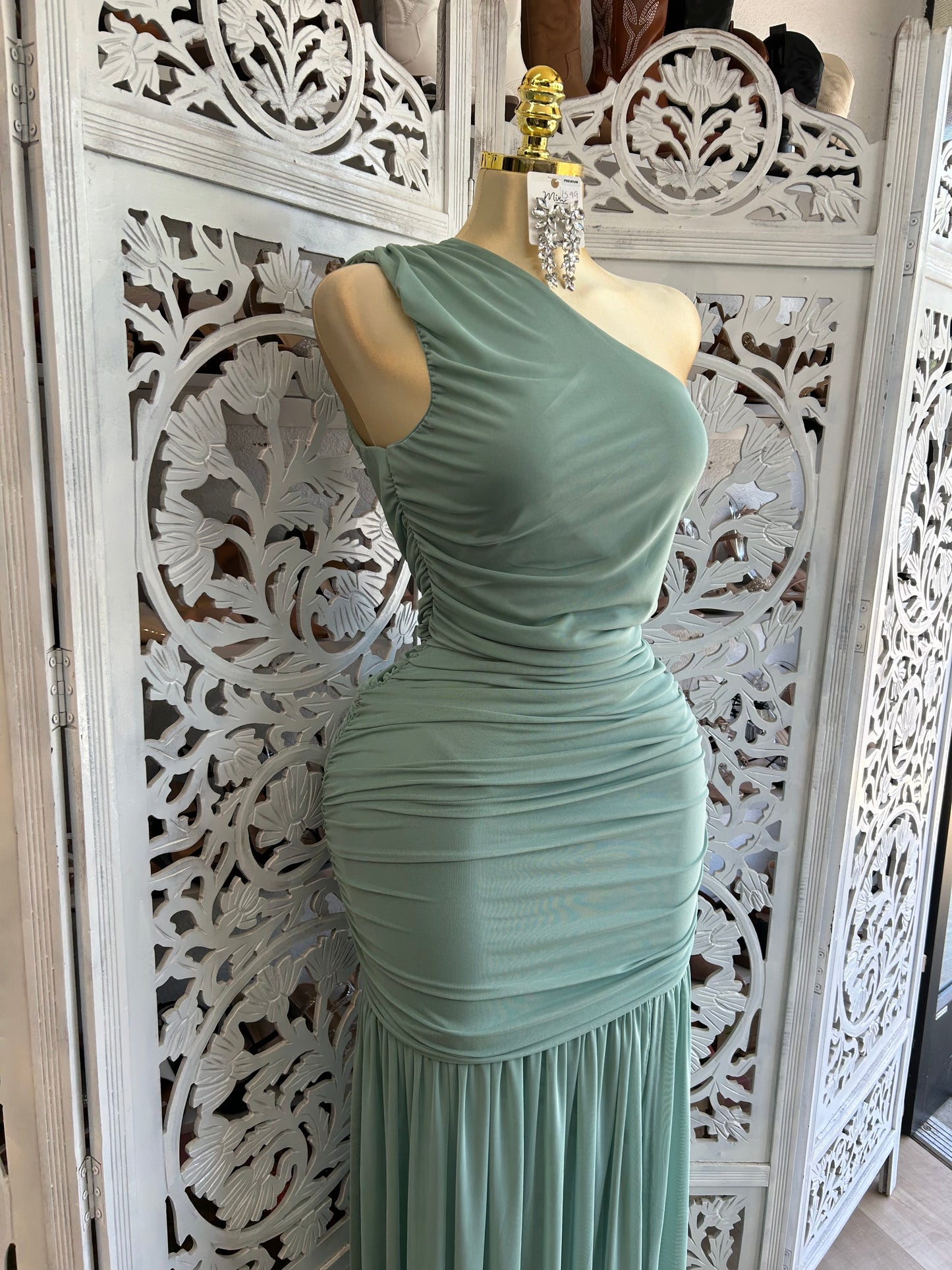 One sleeve mesh long formal dress