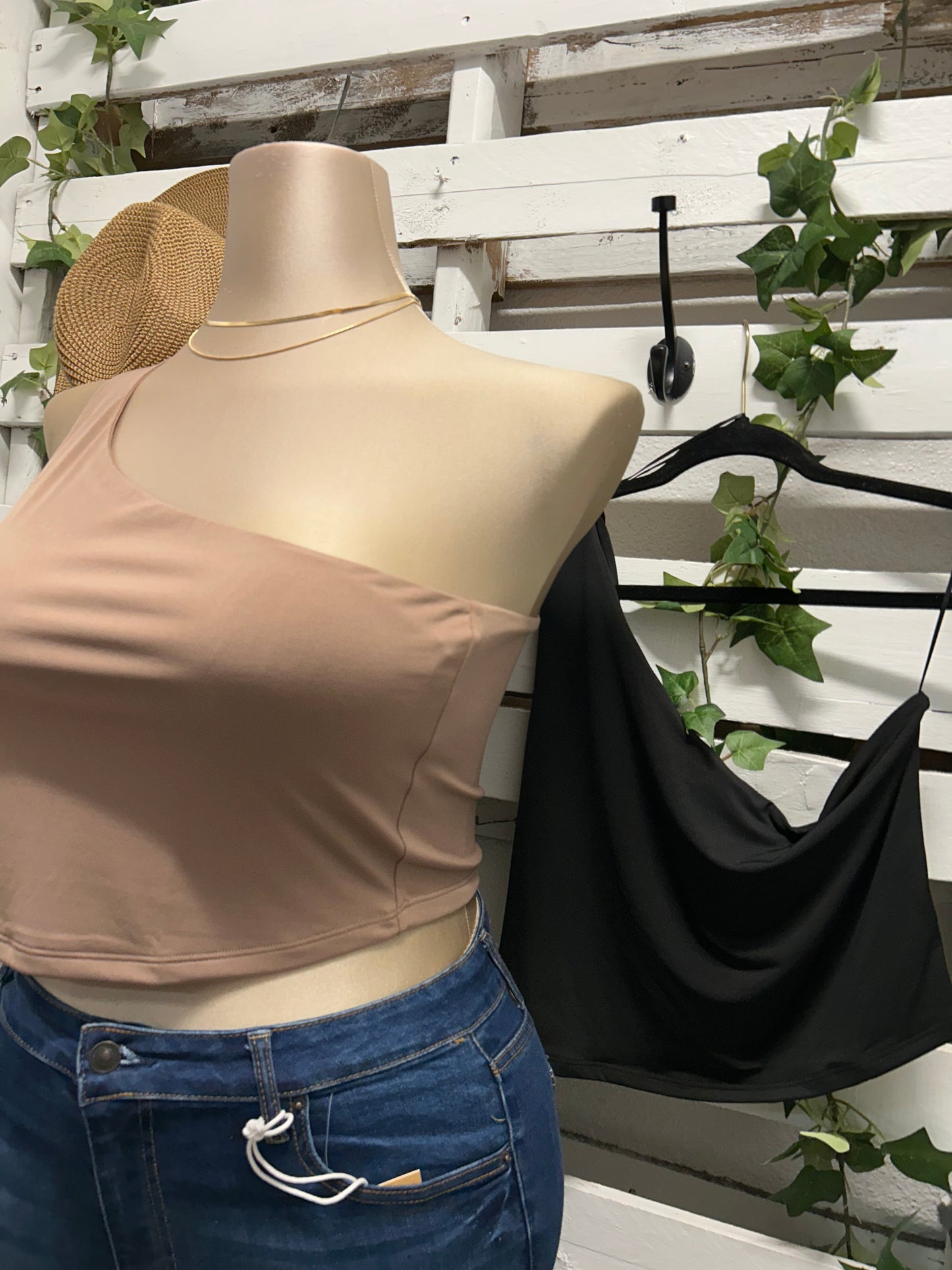 One sleeve mocha crop top