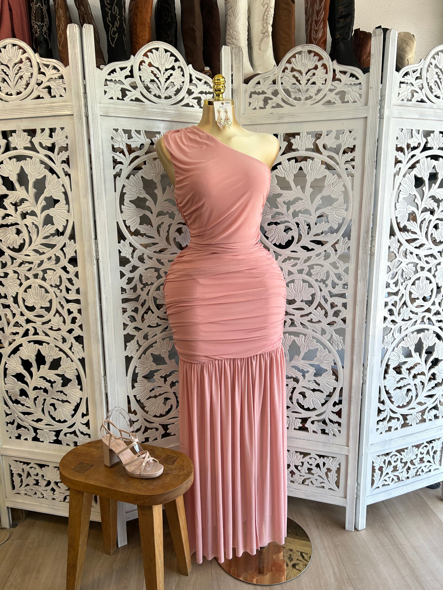 One sleeve mesh long formal dress