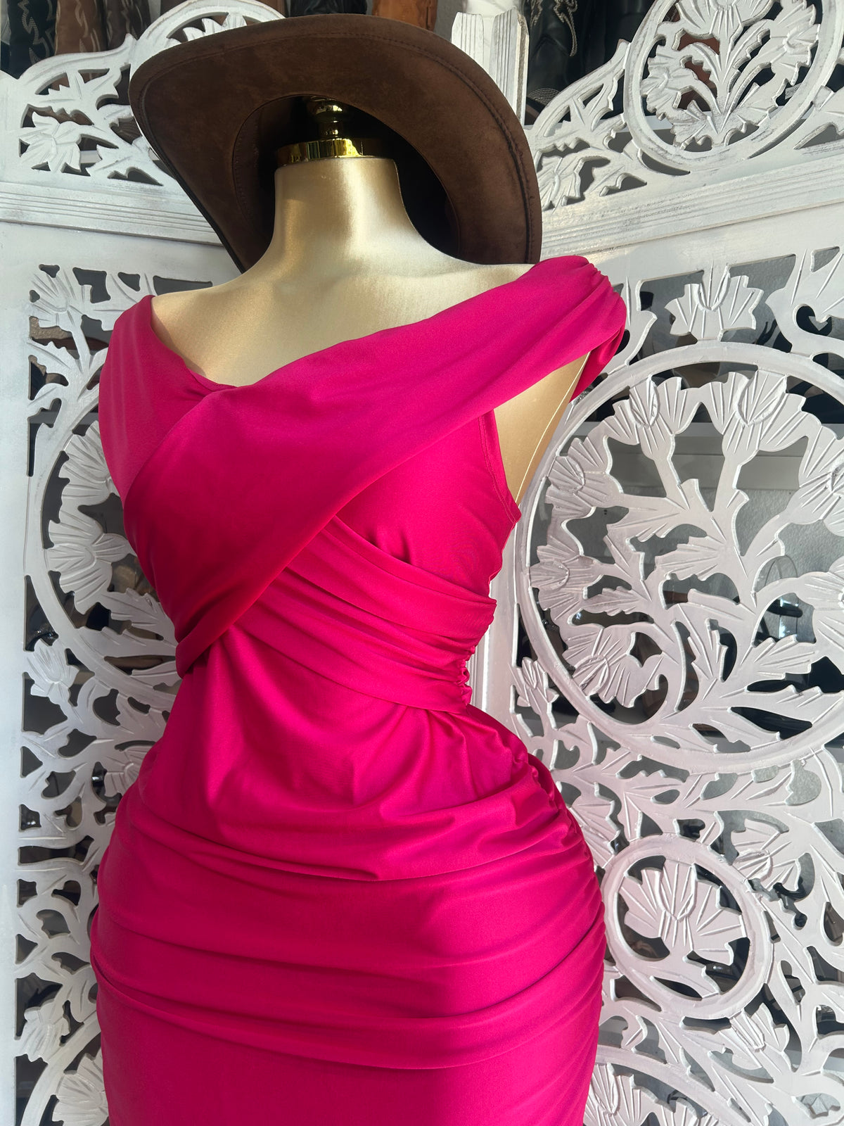 Fuschia pink Off the shoulder cross over shiny dress (Copy)