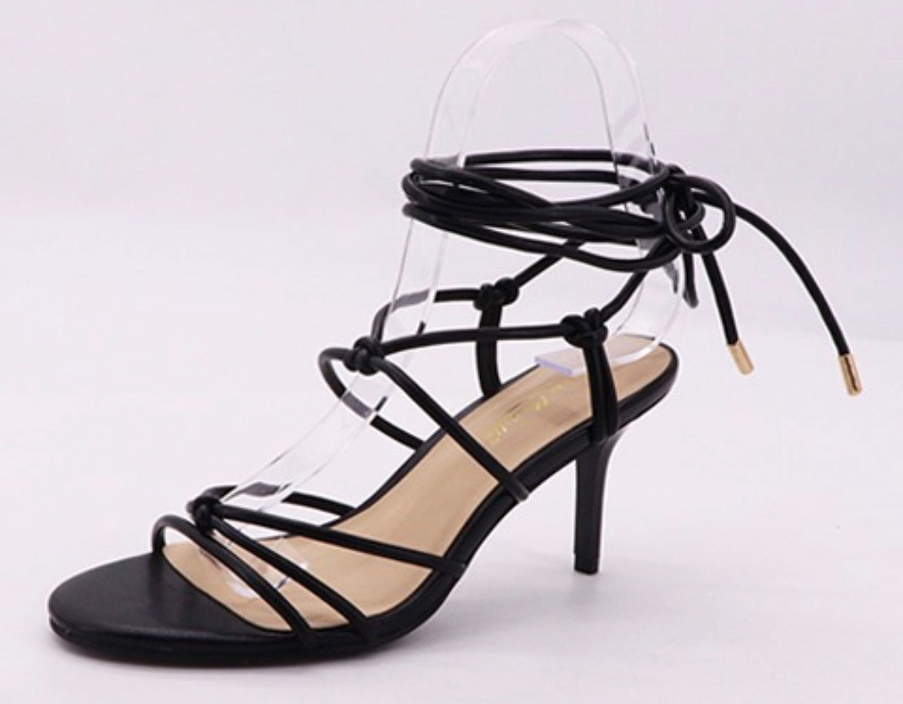 Nude low toe wrap heels