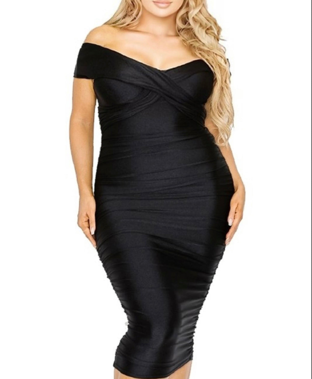 Curvy size off the shoulder cross over shiny dress