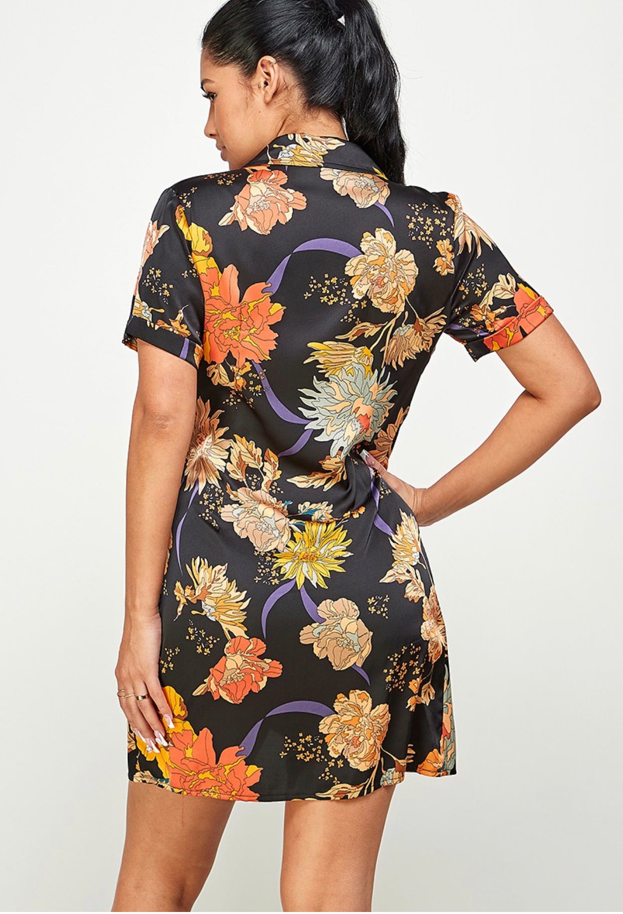 Satin side tie print dress (SIZE UP)