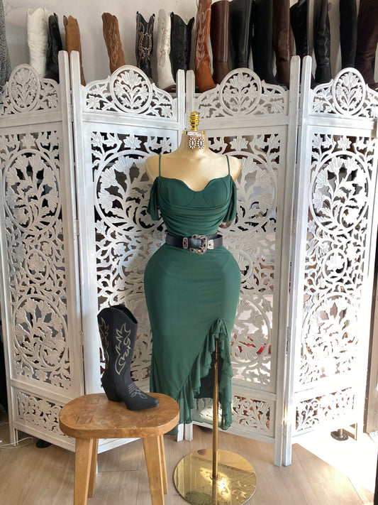 Off Shoulder Draped Ruffle Midi Dress-Estira, Size up runs small