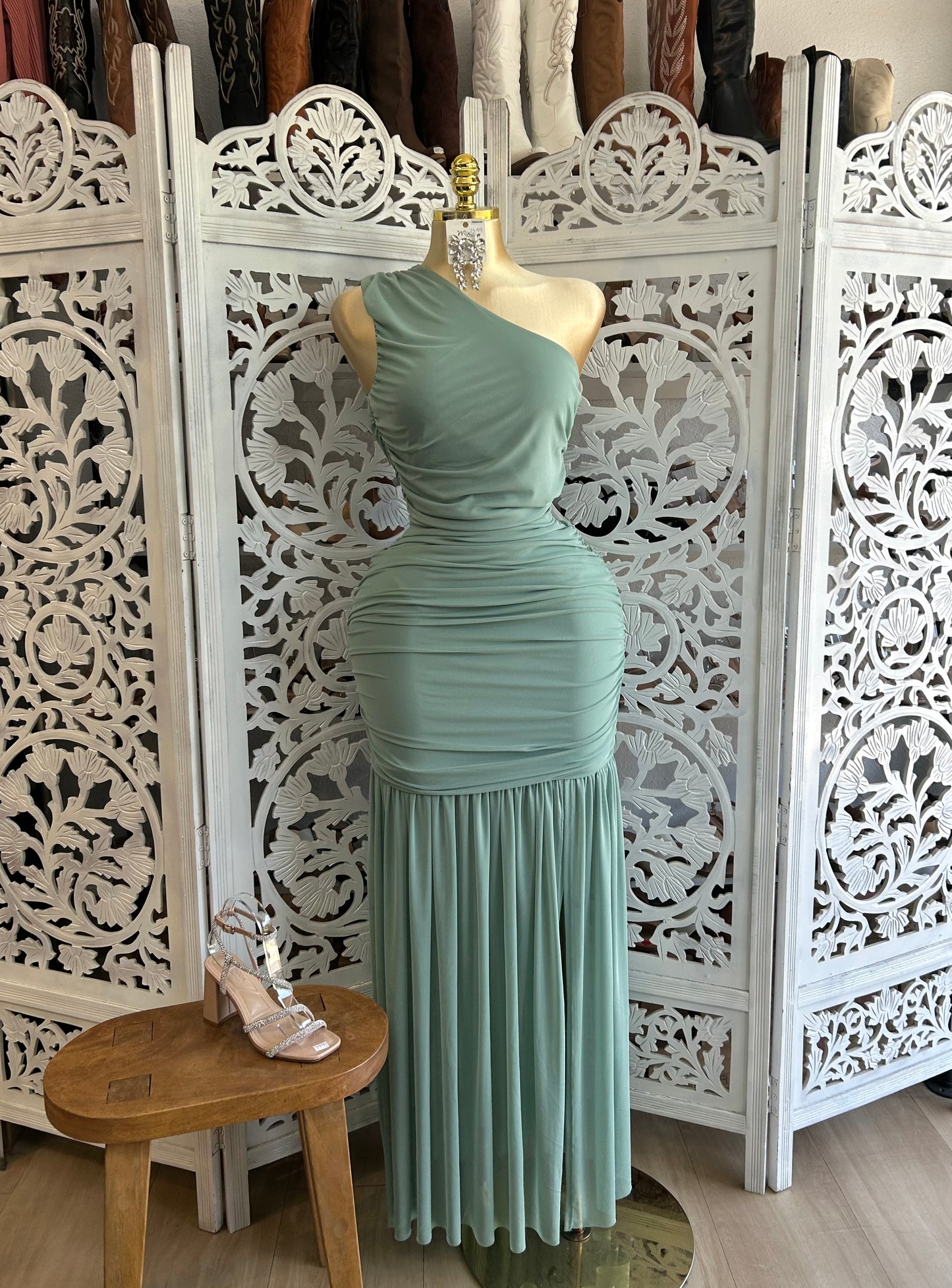 One sleeve mesh long formal dress