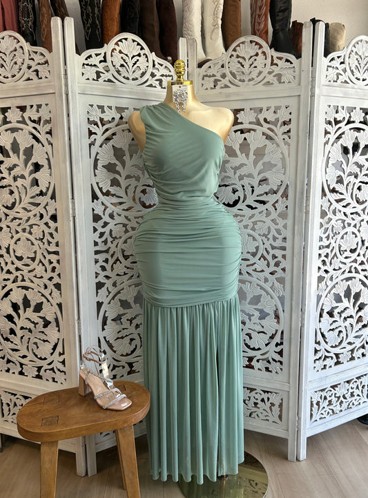 One sleeve mesh long formal dress