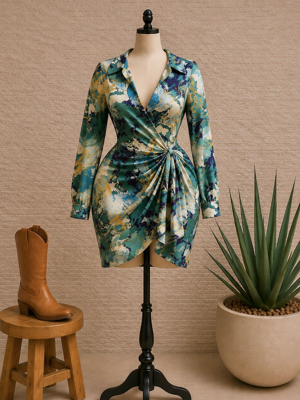 Satin side tie print dress (SIZE UP)
