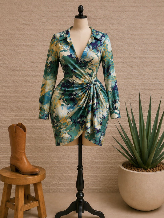 Satin side tie print dress (SIZE UP)