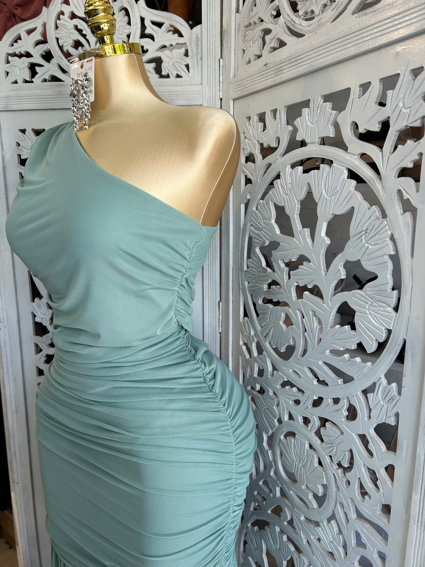 One sleeve mesh long formal dress