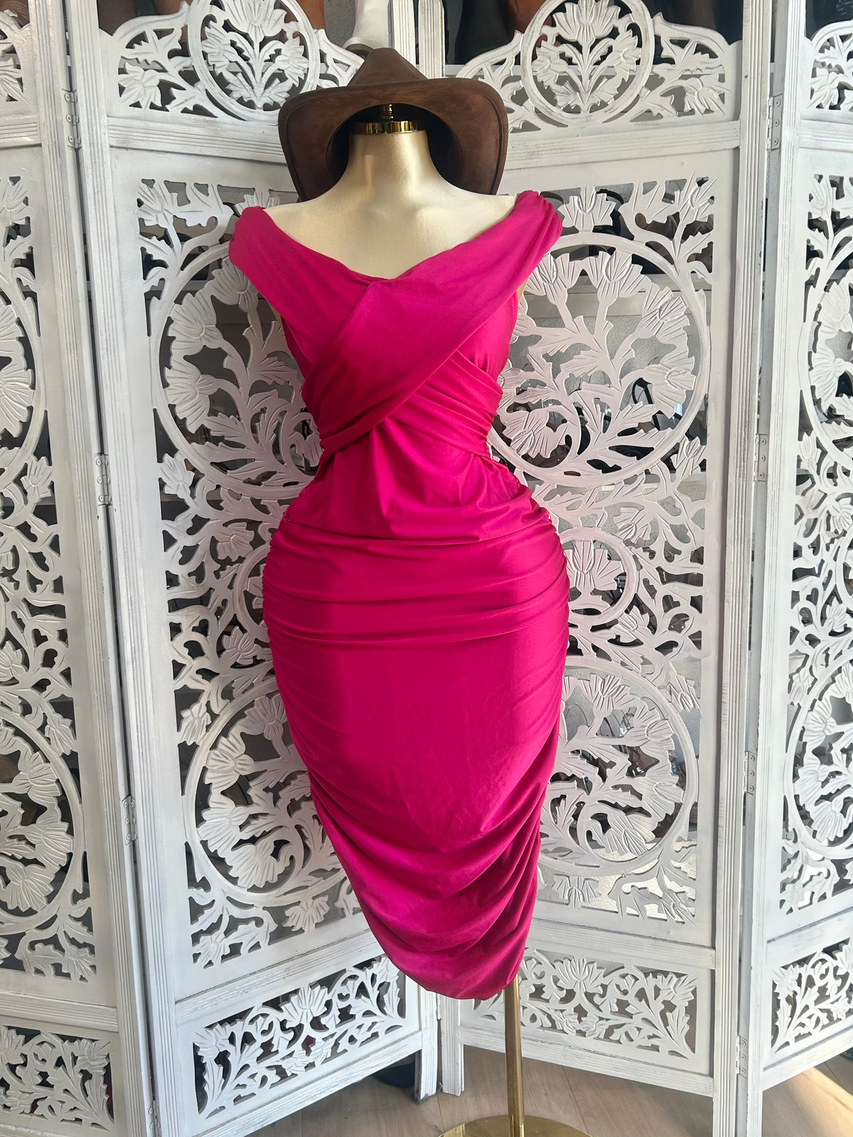 Fuschia pink Off the shoulder cross over shiny dress (Copy)