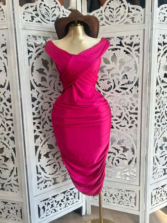 Fuschia pink Off the shoulder cross over shiny dress (Copy)