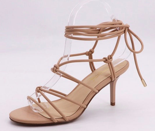 Nude low toe wrap heels