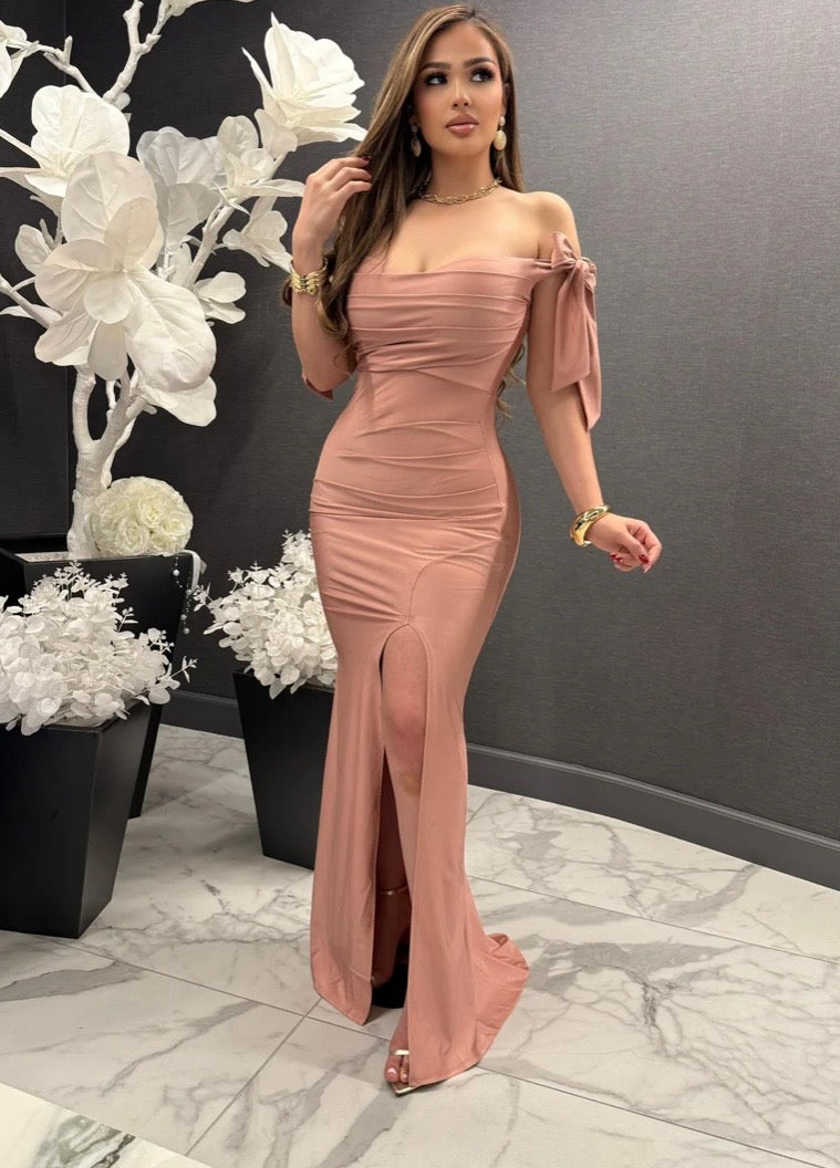 Rose gold Ribbon Sleeve Dress- Stretchy