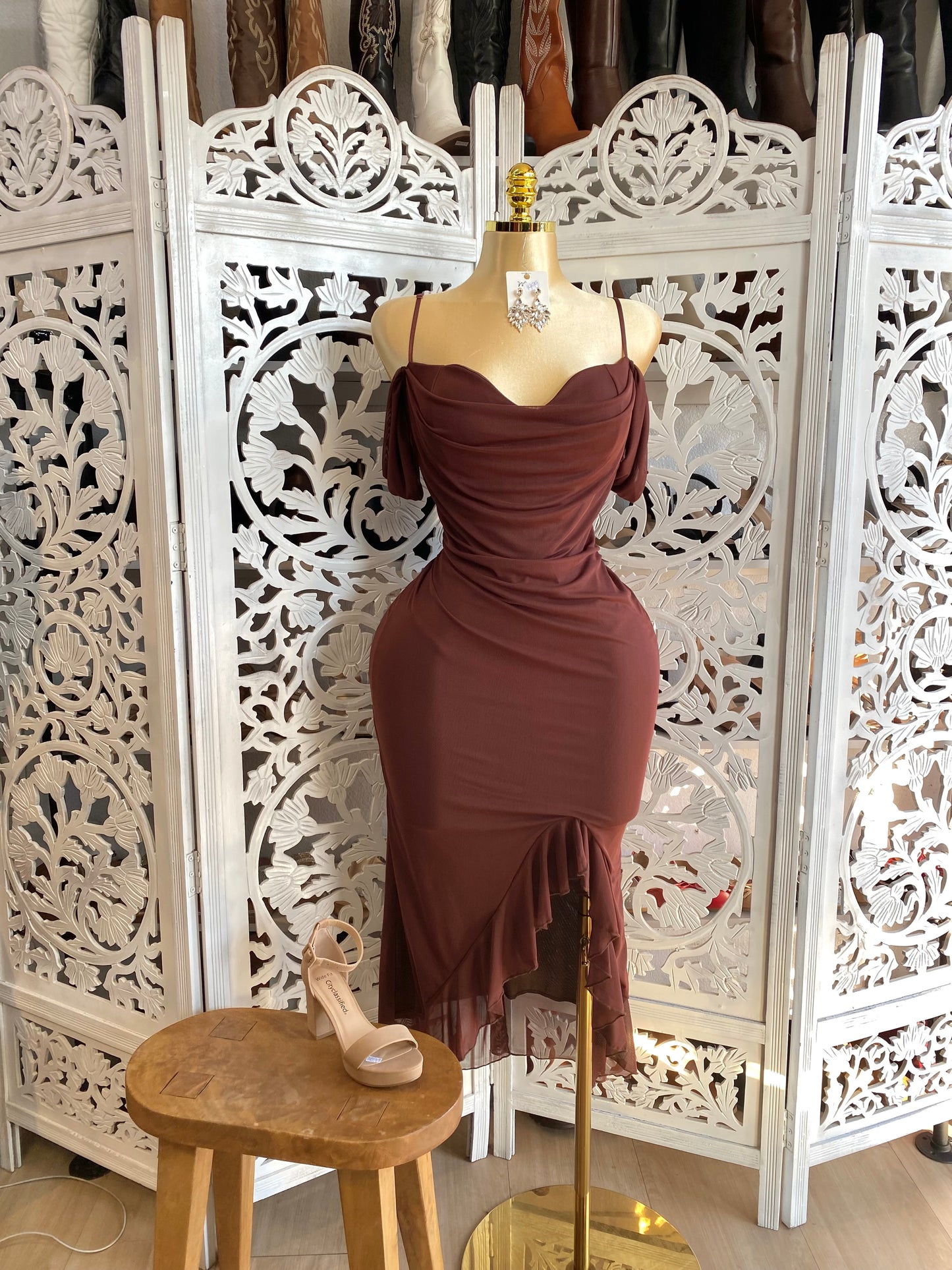 Off Shoulder Draped Ruffle Midi Dress-Estira, Size up runs small