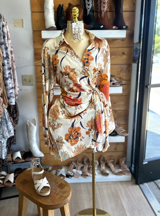 Satin side tie print dress (SIZE UP)