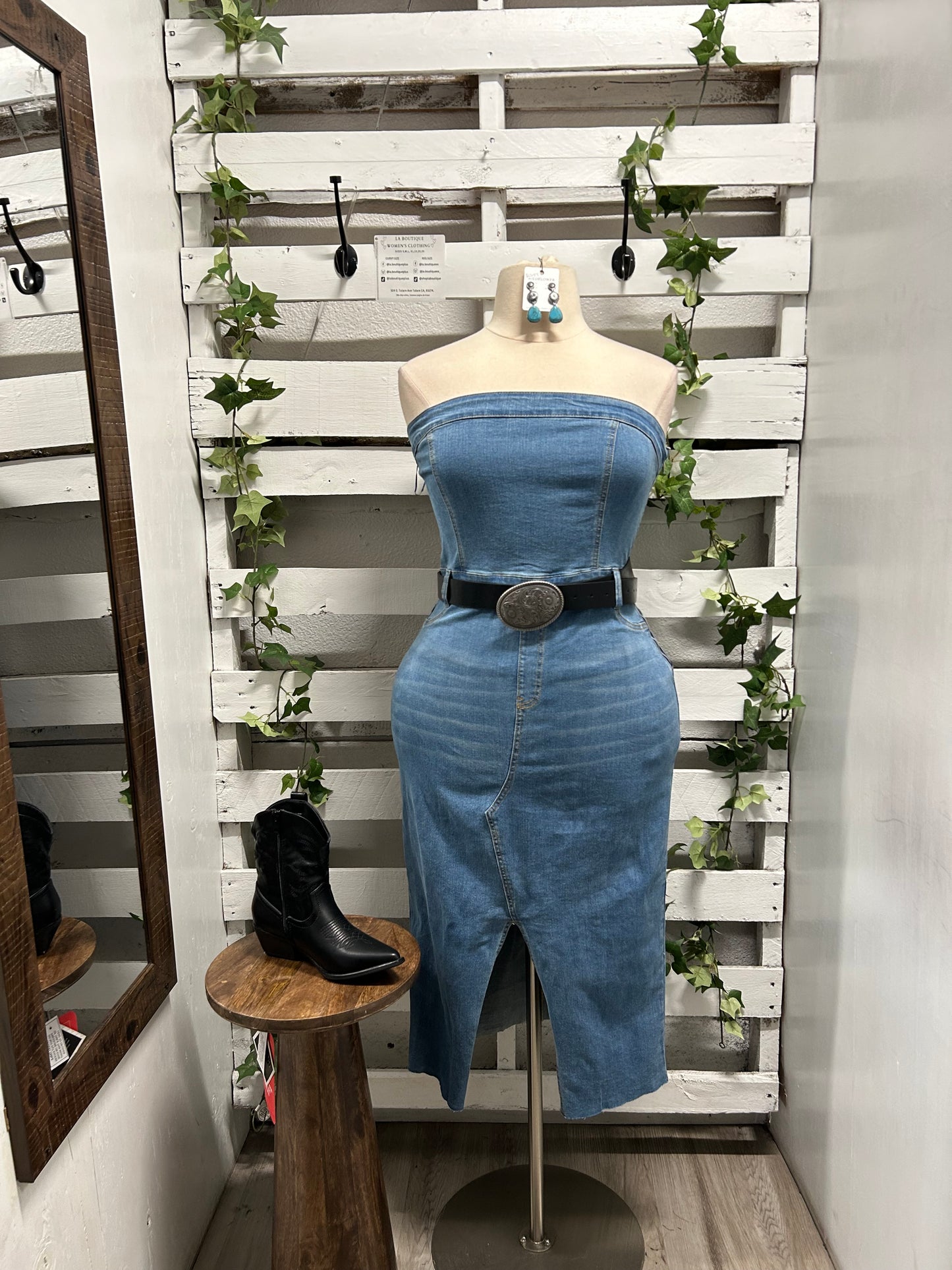 Denim Strapless Slit Dress- Slightly Stretchy