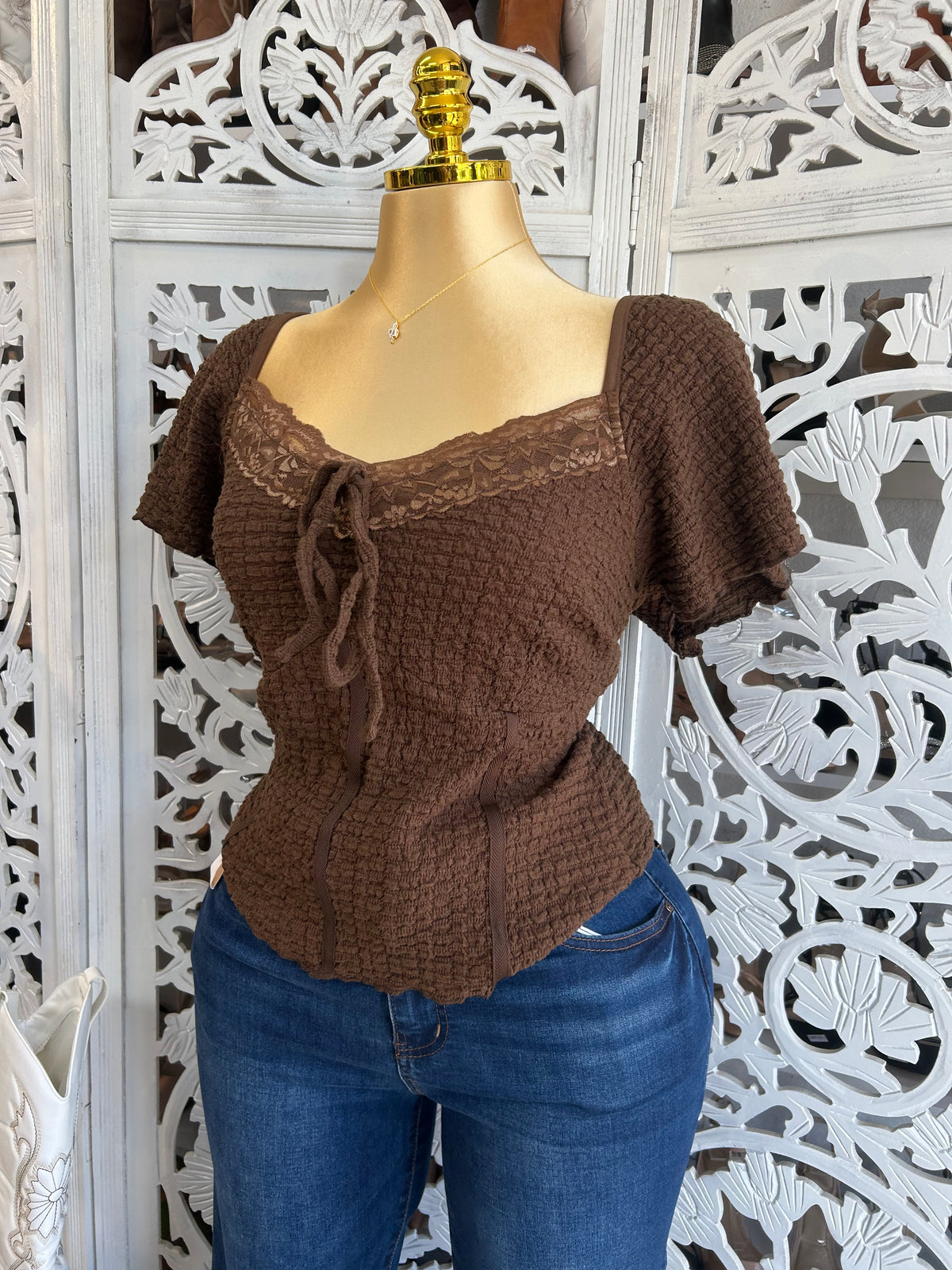 Curvy size brown lace top