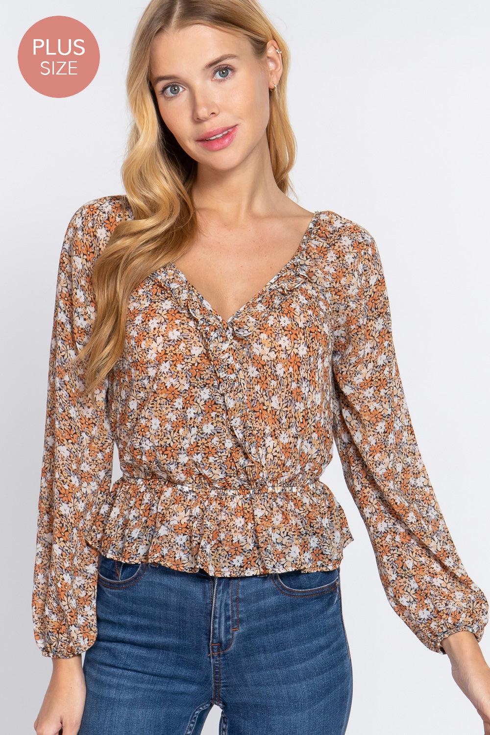 SURPLICE RUFFLE PRINT WOVEN TOP