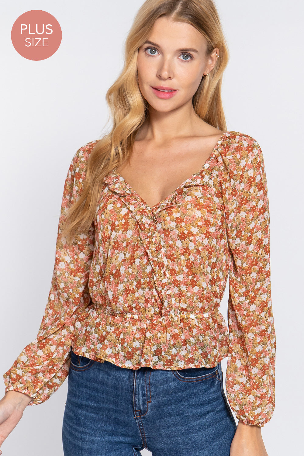 SURPLICE RUFFLE PRINT WOVEN TOP