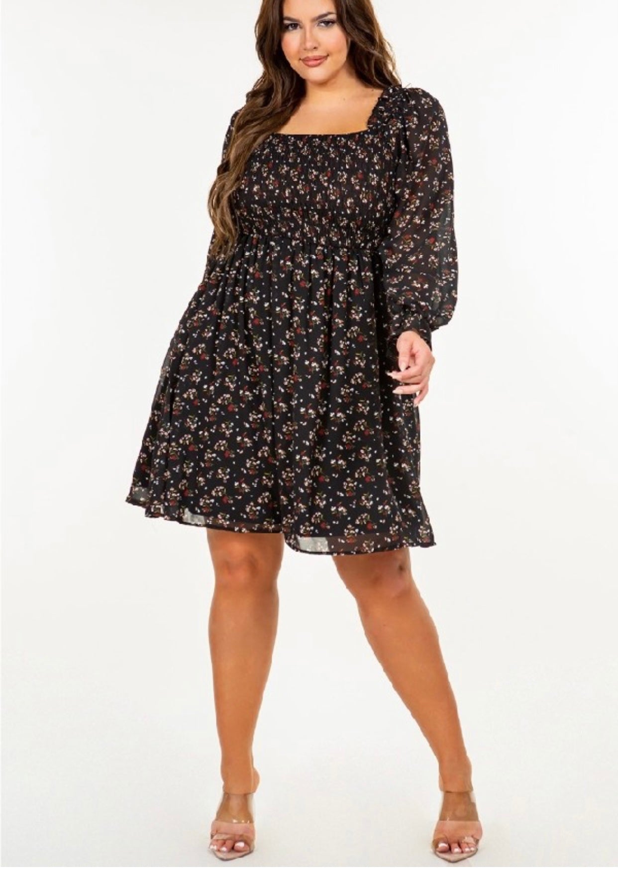 s SMOCKED LONG SLEEVE FLORAL CHIFFON SHORT DRESS