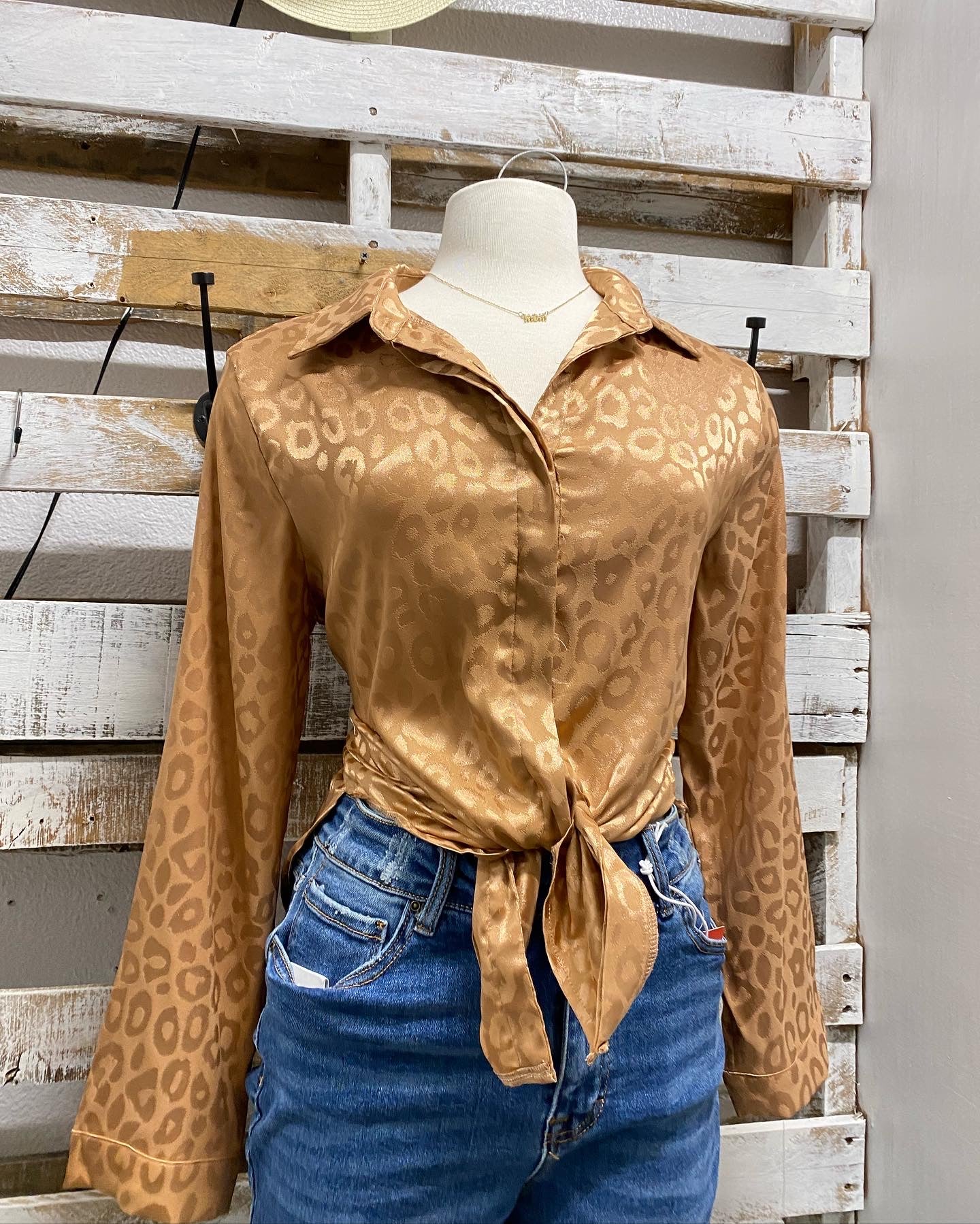 Cheetah long sleeve satin top