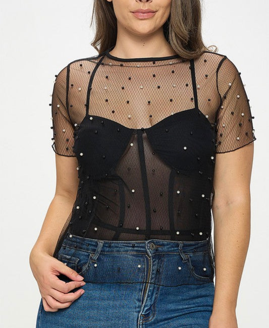 Pearl beaded sheer top