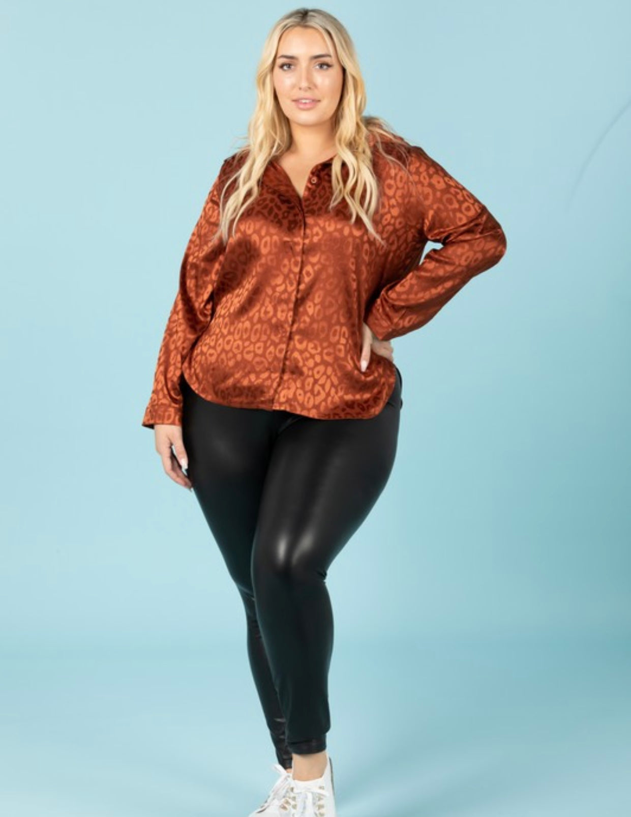 Cheetah long sleeve satin top