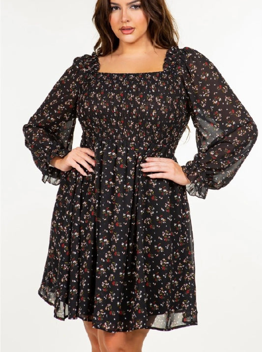 s SMOCKED LONG SLEEVE FLORAL CHIFFON SHORT DRESS